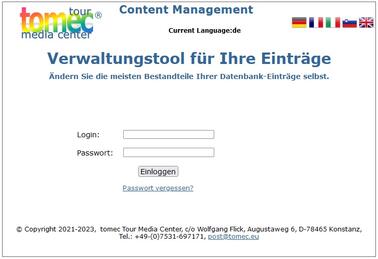 Startseite des Content Management Systems tomec