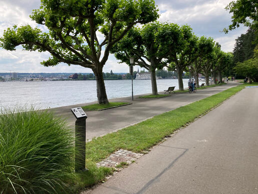 Probeaufstellung der Metallstele mit QR-Codetafel für den "Info-Stop Konstanzer Bucht" der Pfahlbau-Route um den Überlinger See