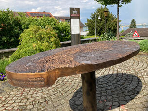 Bronze-Alpenrelief mit Infostele dahinter